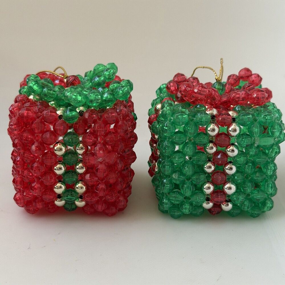 Set of 2 Handcrafted Beaded Gift Box Christmas Ornaments 2” Red Green Holiday